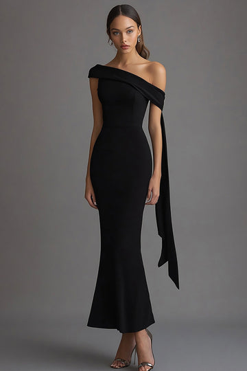 Crepe One Shoulder Sheath Black Tie Dress